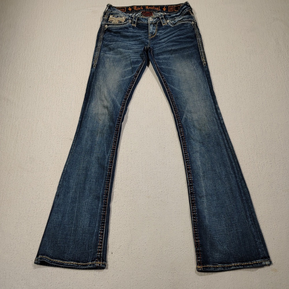 Rock Revival Jeans Womens 28 Celinda Boot Mid Rise Thick Stitch Faux Flap Long